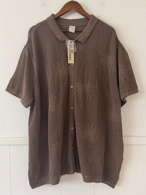 No Boundaries Men 3XL Palm Open Knit Mesh Sweater Polo Shirt Brown Button NWT